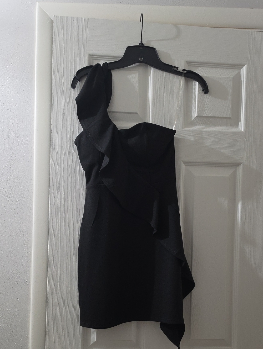 Shinestar Black One-Shoulder Ruffle Mini Dress